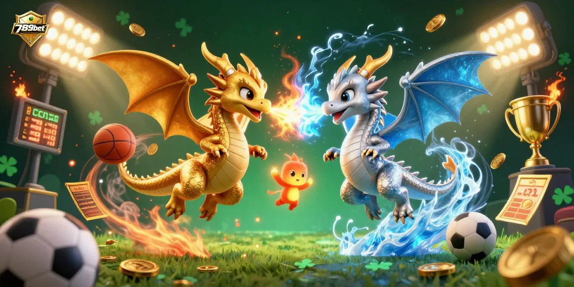 Experience thrilling action at 789bet with a dynamic dragon duel amidst sports elements.