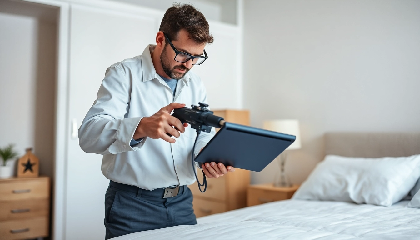 Technician performing bed bug pest control inspection in a clean bedroom setting