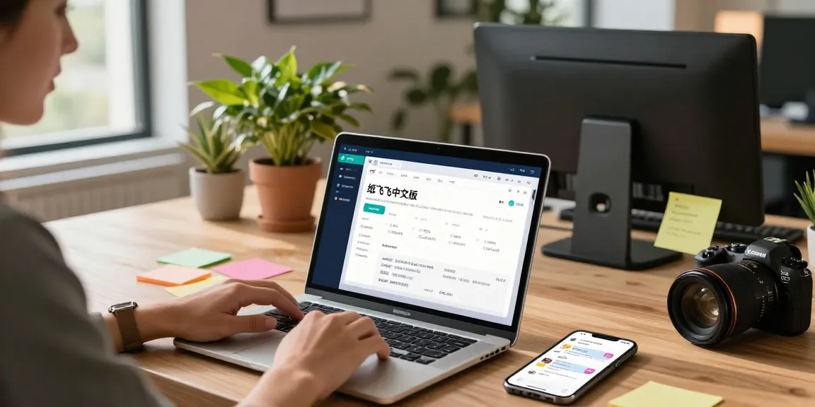 User exploring features of 纸飞机中文版 app on a laptop in a modern workspace.