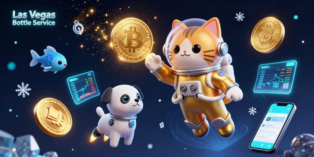 Experience Las Vegas Bottle Service with a vibrant scene featuring a golden astronaut cat and a robot dog in a cosmic setting.