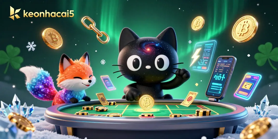 Engage with keonhacai5 as a cosmic betting cat charms golden chips at a vibrant sports table.