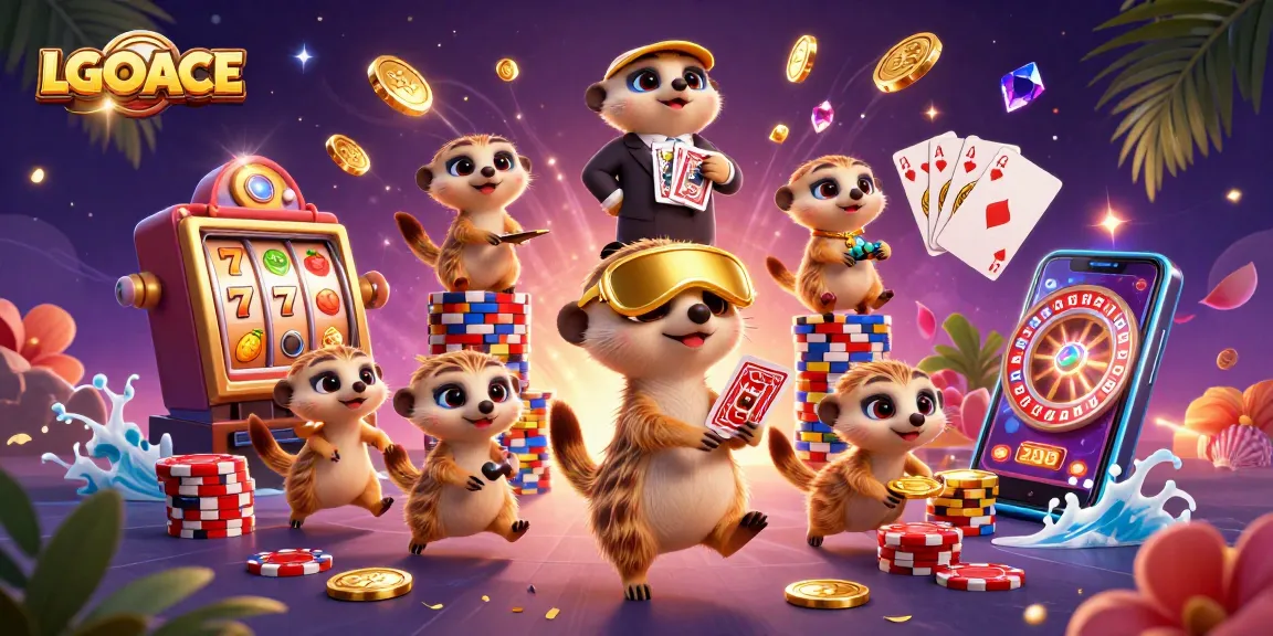 LGOACE features lively meerkats operating a vibrant casino, showcasing exciting slot reels and dynamic gameplay.