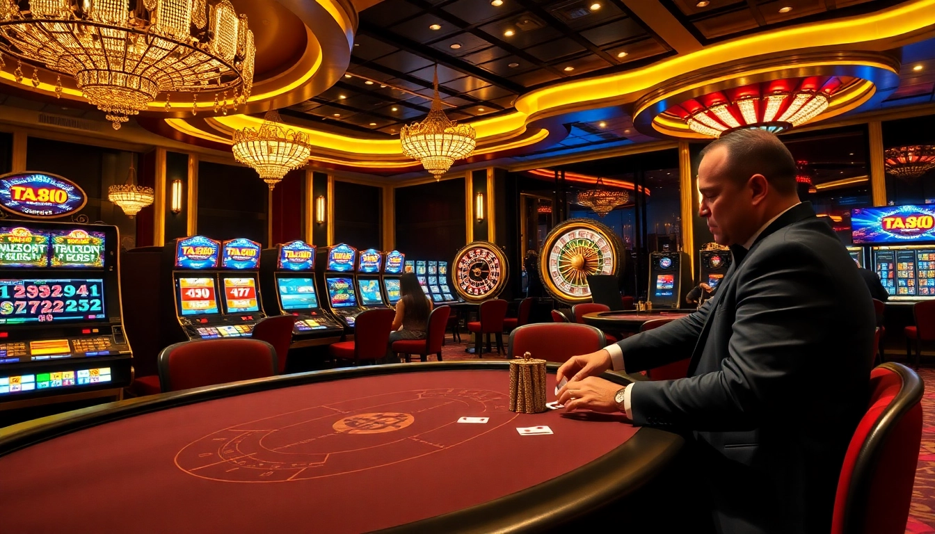 Exciting casino gaming scene showcasing players at a poker table and slot machines at https://fa88.exchange/.