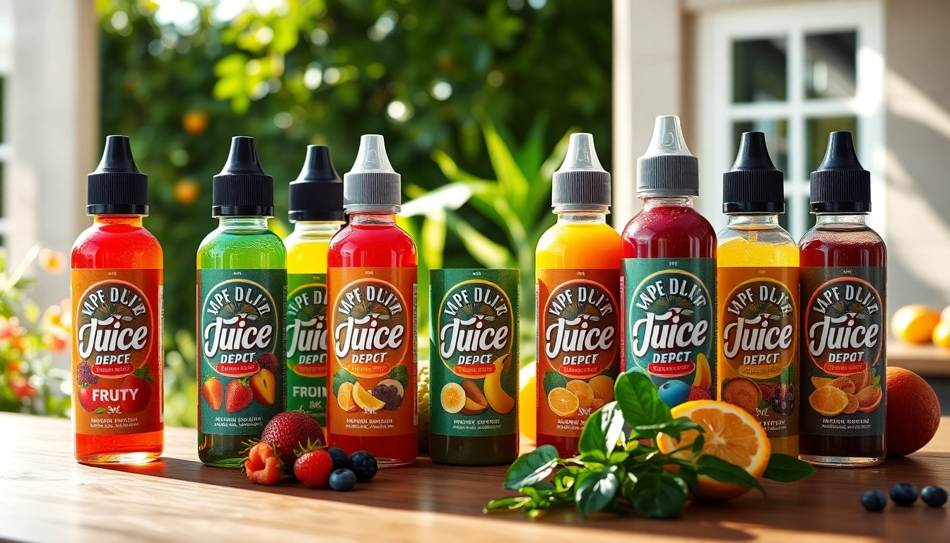 Vibrant vape juice bottles showcasing various flavors on a wooden countertop.