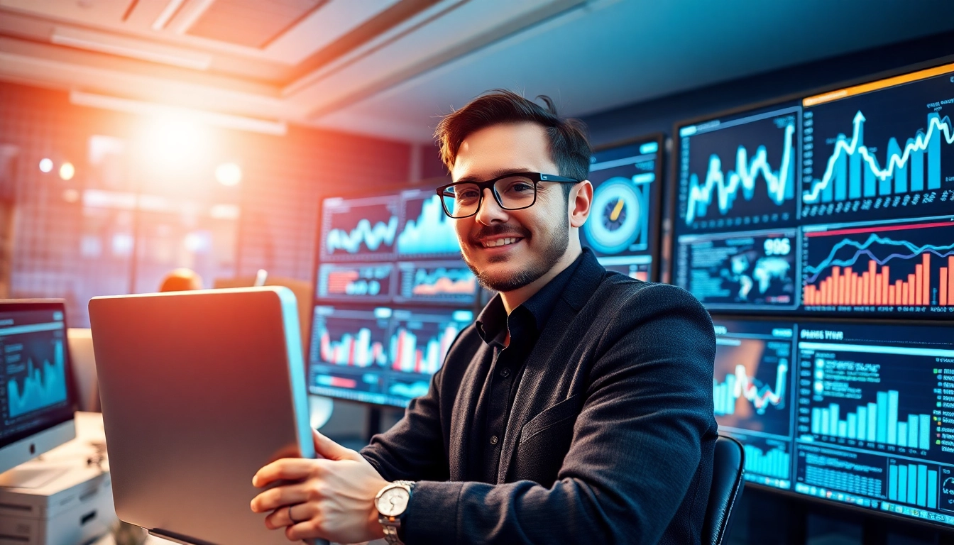 AI for competitive intelligence professional analyzing data trends in a modern workplace.