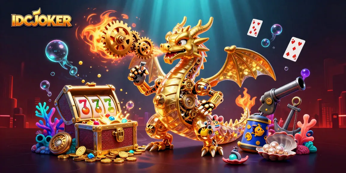 IDCJOKER offers a vibrant 3D scene of a golden dragon breathing gears, showcasing exciting slots.