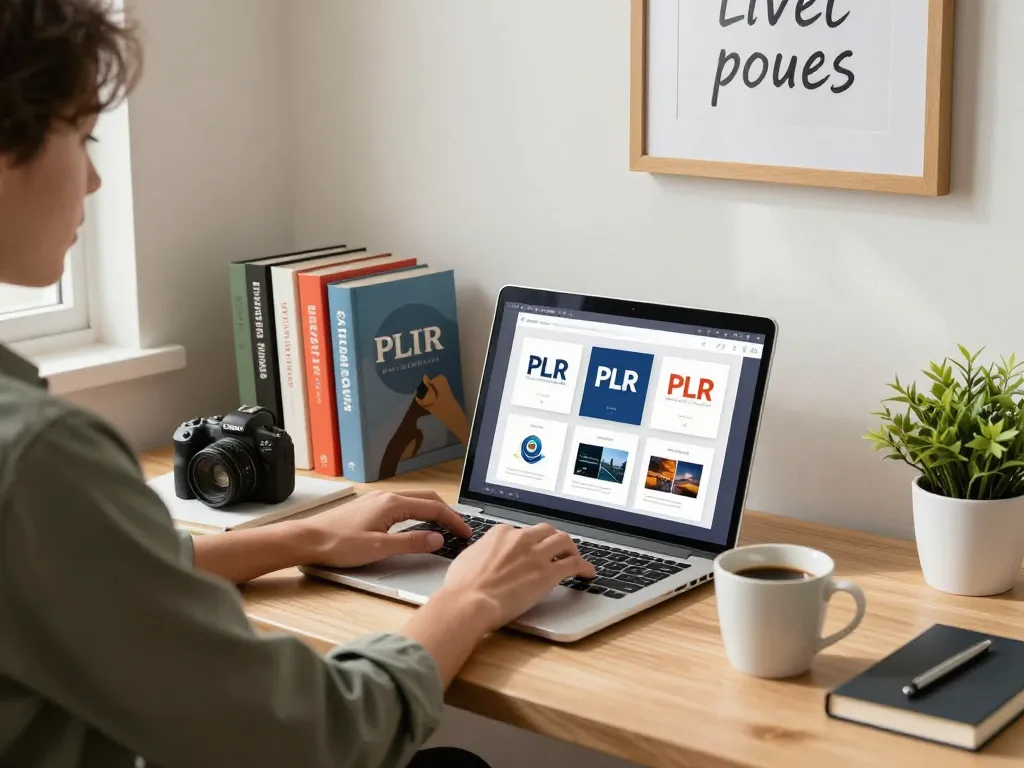 Organized workspace displaying PLR Digital Products for Sale on laptop screen with coffee and plants.