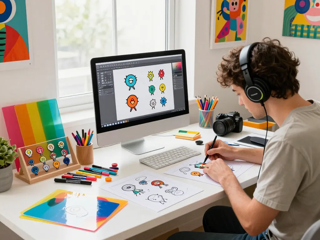 Artist designing custom acrylic pins in a bright workspace with colorful tools and prototypes.