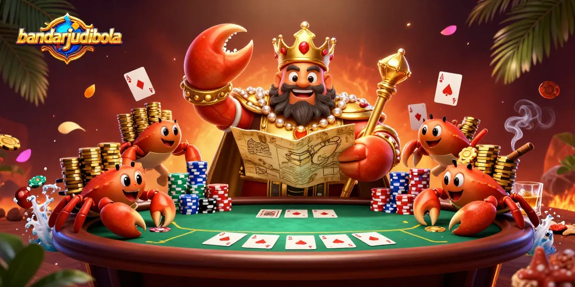 Engage with bandarjudibola amidst a dynamic poker scene featuring a golden crab emperor.