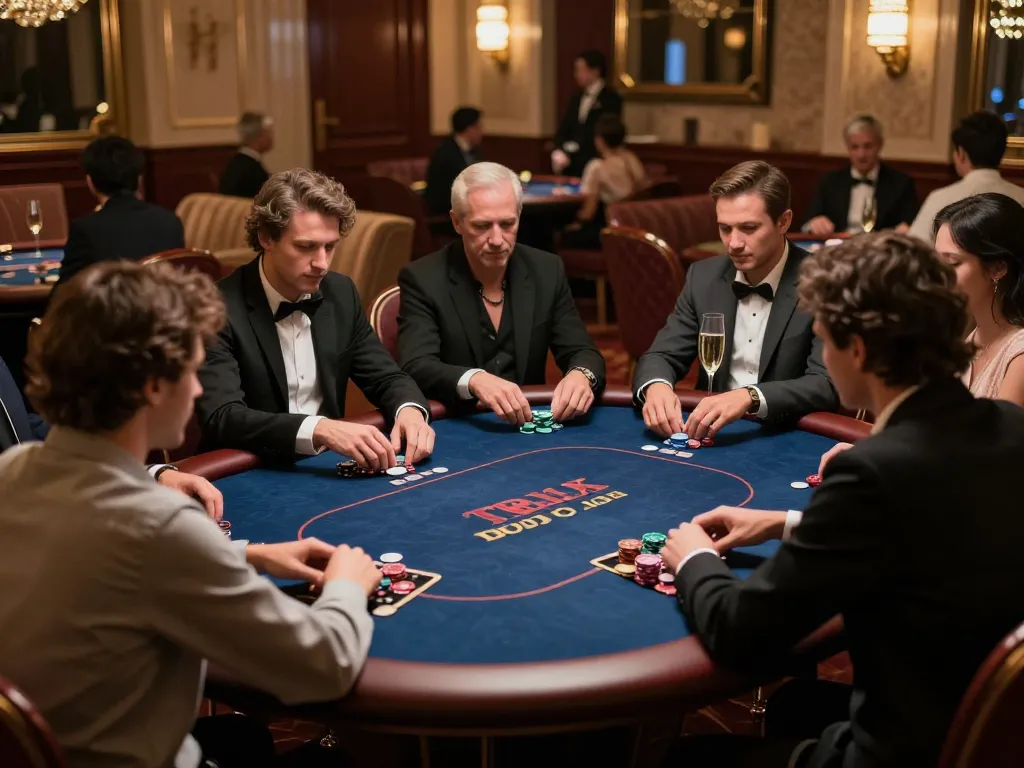 GG88 vip players strategizing in an upscale poker environment with luxury decor and champagne.