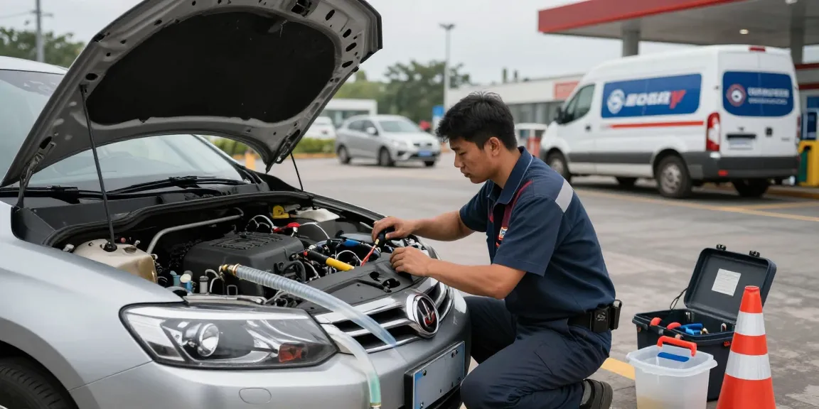 Technician diagnosing contamination in fuel tank during roadside fuel recovery service