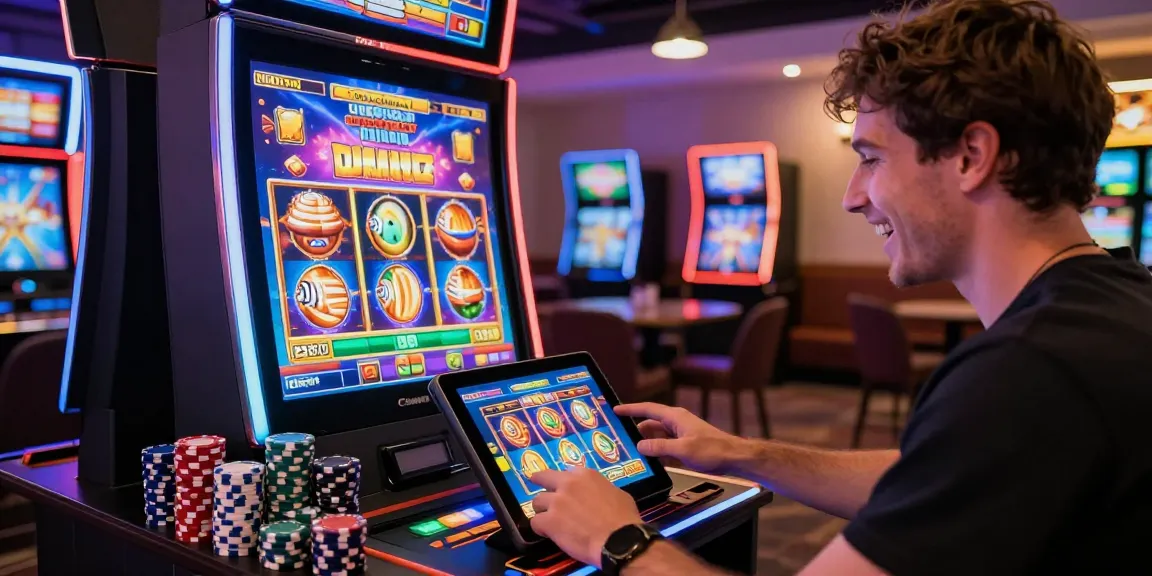 Excited player engaging with a slot machine online in a vibrant gaming lounge.