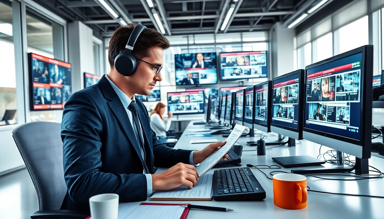 Journalist arranging news articles in a vibrant newsroom filled with technology.