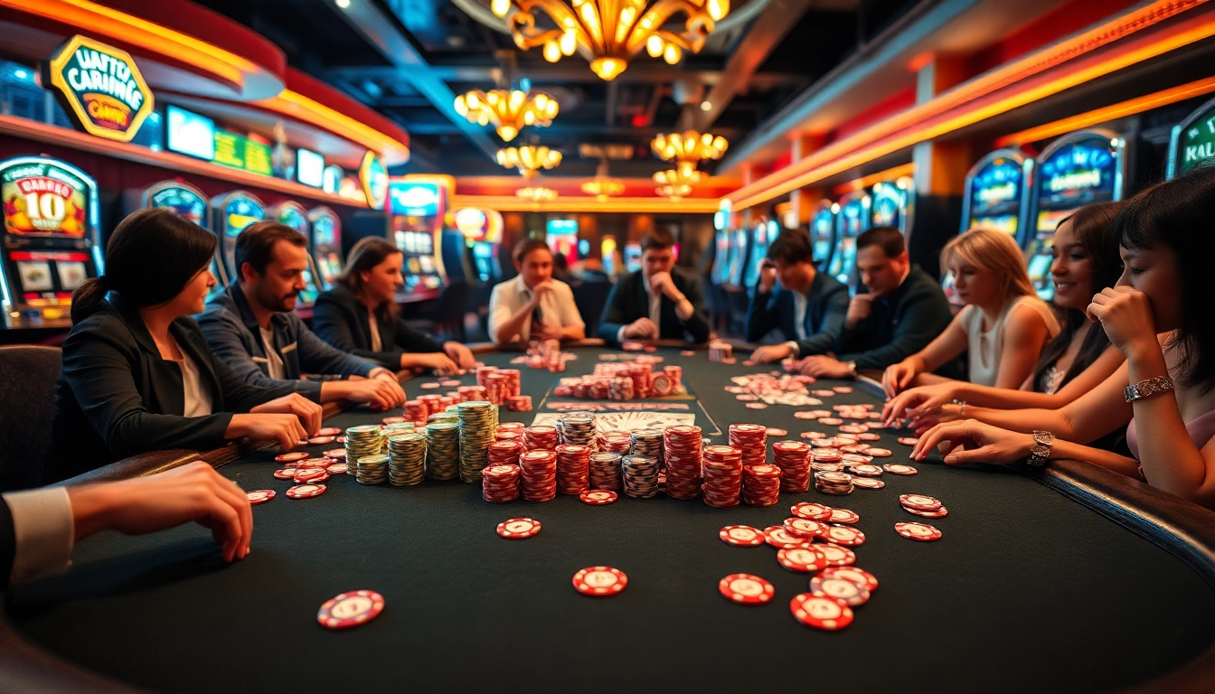Menggambarkan permainan jutawanbet di meja poker yang penuh warna dengan pemain yang bersemangat.