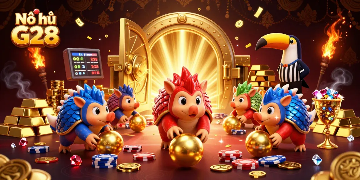 Nổ hũ G28 showcases rival pangolins bowling through poker chips, energized by vibrant jewels and gold treasures.