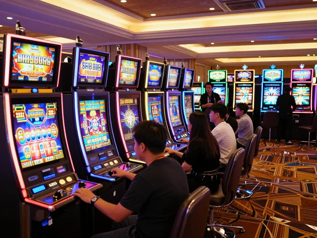 Players enjoying exciting situs slot games amid vibrant casino atmosphere