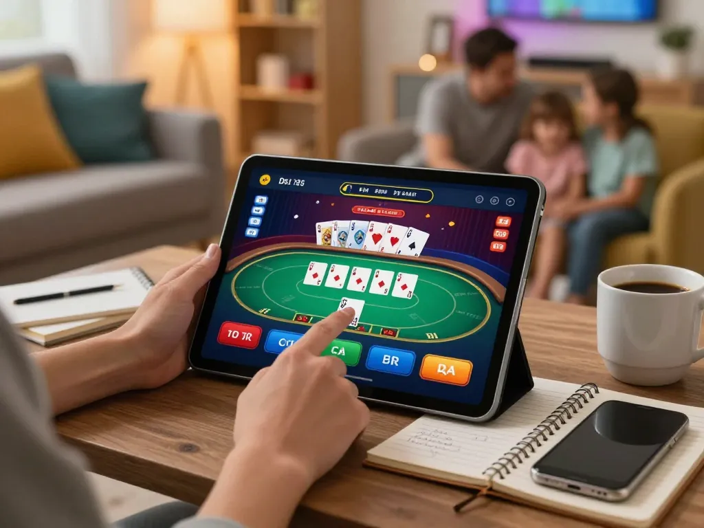 sc88 online gambling experience with user engaging on tablet in cozy home setting