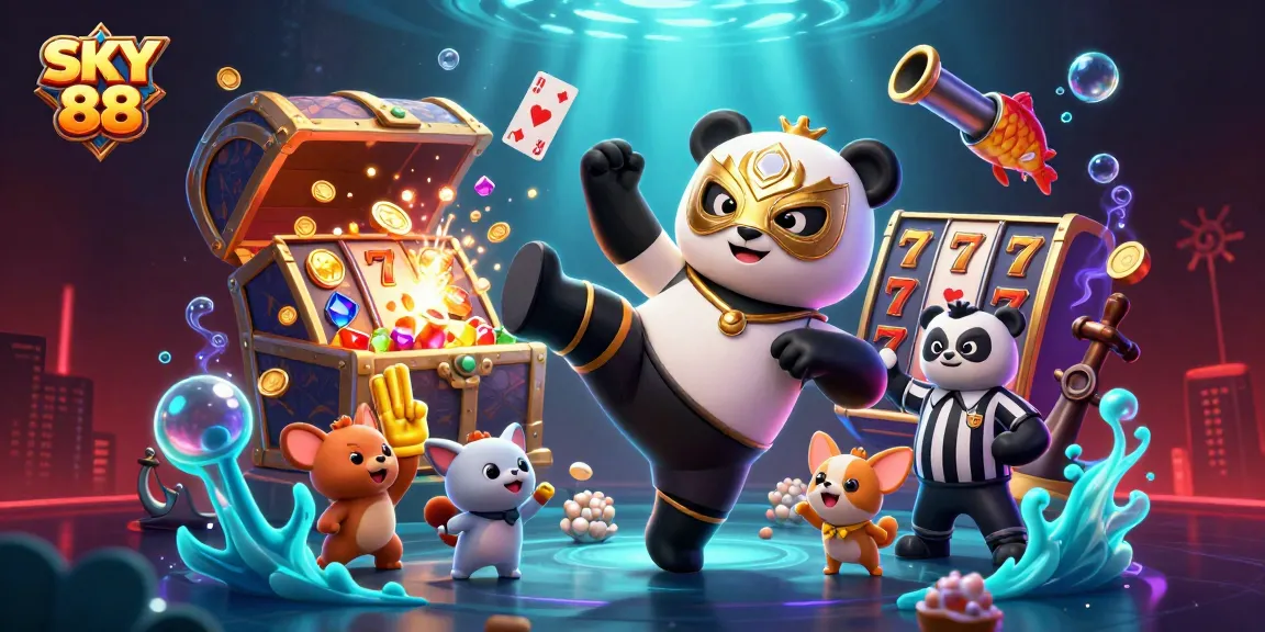 Experience the excitement of SKY 88 with a thrilling 3D scene featuring slot games and unique characters.