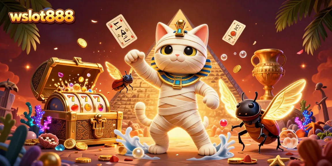 Permainan slot di wslo888 menampilkan kucing mummy dan kartu hieroglif dalam suasana kasino.