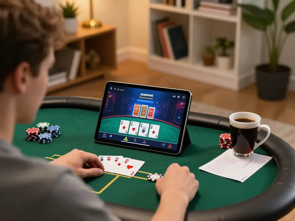 Player strategizing on f8bet poker app in a cozy home setting, showcasing responsible gaming