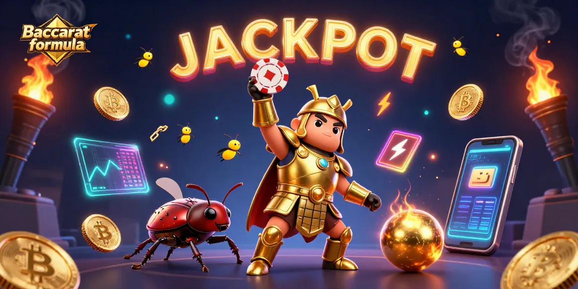 Engage in Baccarat formula strategies with victorious cartoon beetles amidst glowing crypto elements and vibrant casino themes.