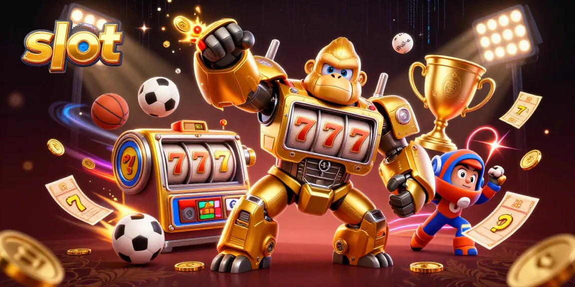 Slot gacor yang menampilkan mesin slot dengan gorila emas, koin berjatuhan, dan banyak elemen permainan.