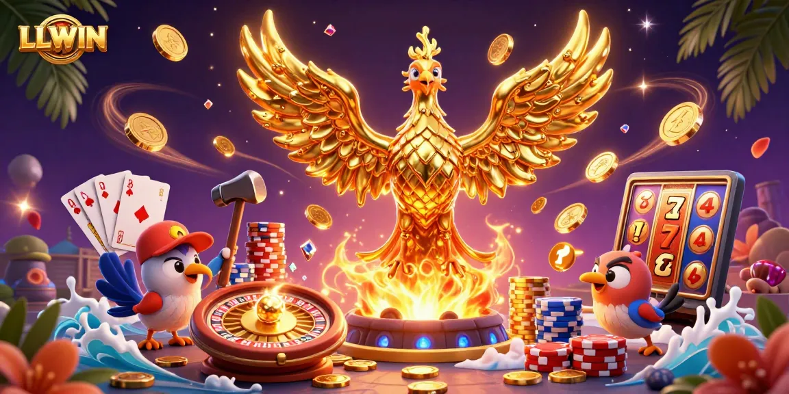 Experience thrilling gaming at LLWIN with a golden phoenix and vibrant casino elements.