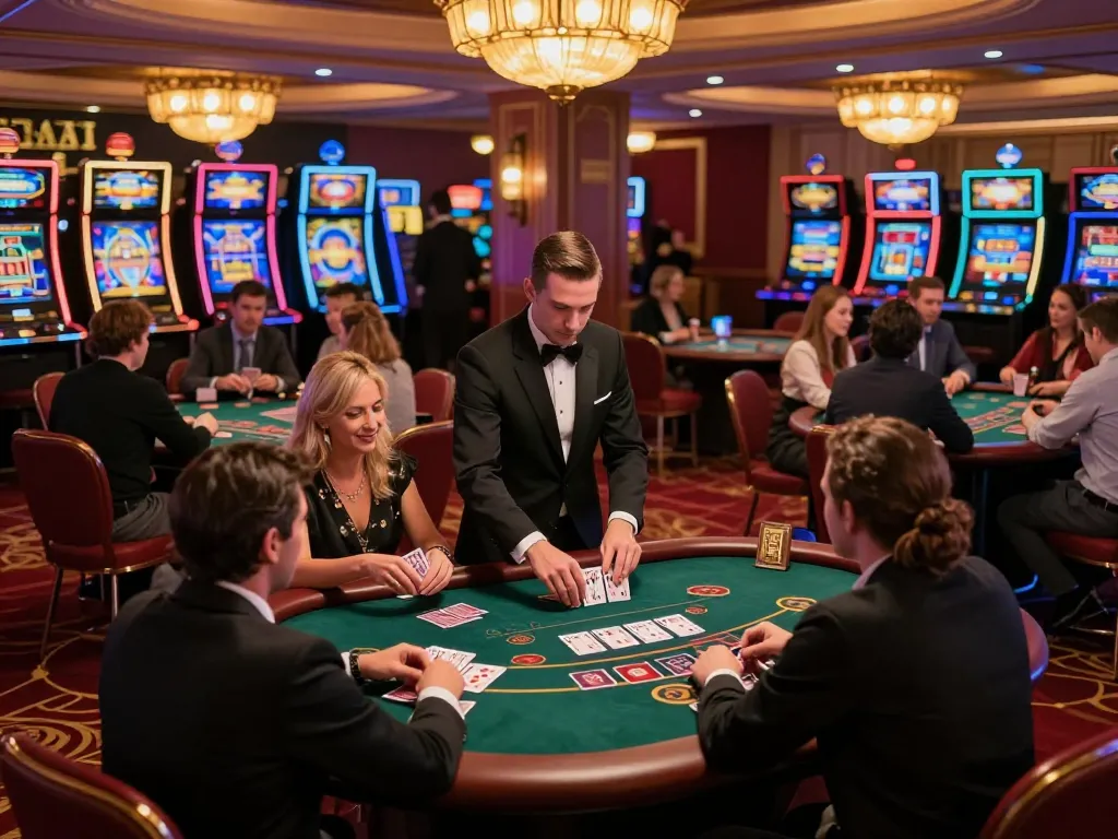Thrilling blackjack game in upscale casino illuminated by warm lights featuring nano banana flash capabilities.