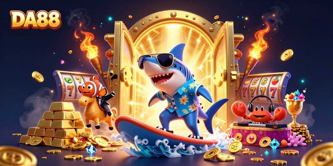 Engage with DA88 for an exciting wave of gold coins and vibrant gaming elements in this 3D casino illustration.