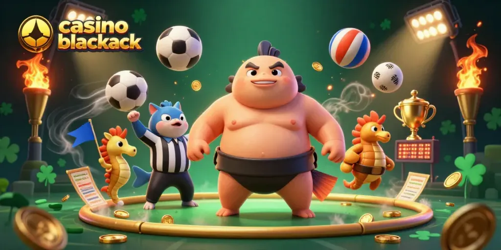 Juega casino blackjack en una escena animada con un pez globo y un árbitro gato