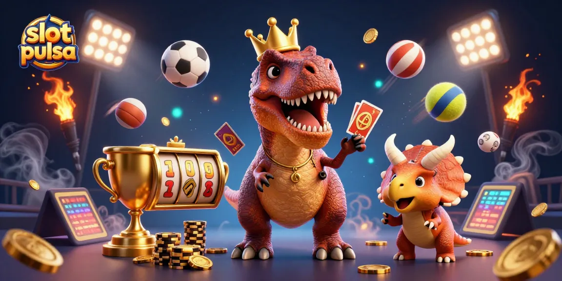 Aksi menarik slot pulsa dengan karakter lucu seperti T-Rex dan pterodactyl dalam ilustrasi 3D yang penuh detail.