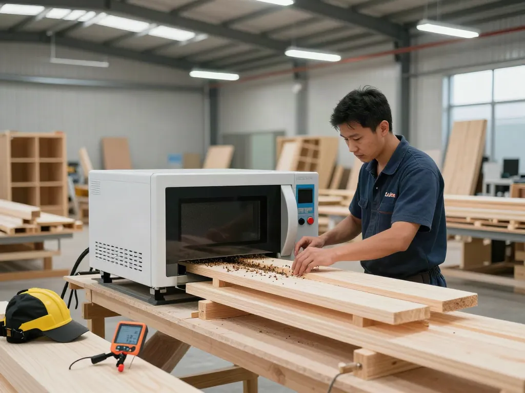 Shashel® microwave technology effectively treating wood for insect elimination in a modern industrial workshop.