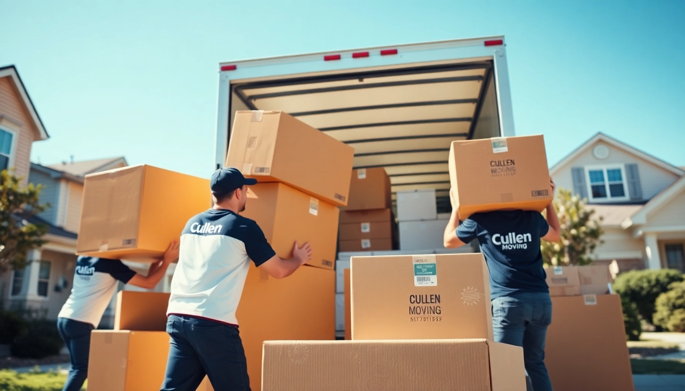 Movers from Cullen Moving efficiently loading furniture into a truck in a sunny neighborhood.