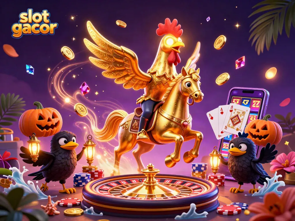 Experience the thrill of slot gacor with vibrant casino adventures featuring a golden rooster amidst dazzling game elements.