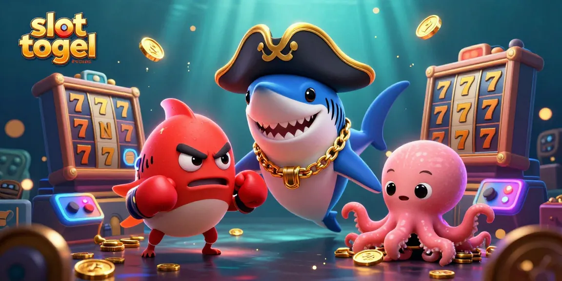 Exciting slot togel resmi scene featuring a playful shark, pufferfish, and octopus with gold coins.
