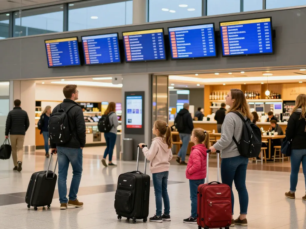 Travelers arriving at Manchester Airport from Halifax, enjoying the lively terminal atmosphere.