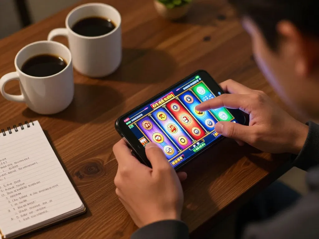 Permainan slot gacor yang menarik di smartphone, menampilkan gulungan berwarna-warni dan interaksi pengguna dalam suasana yang nyaman.