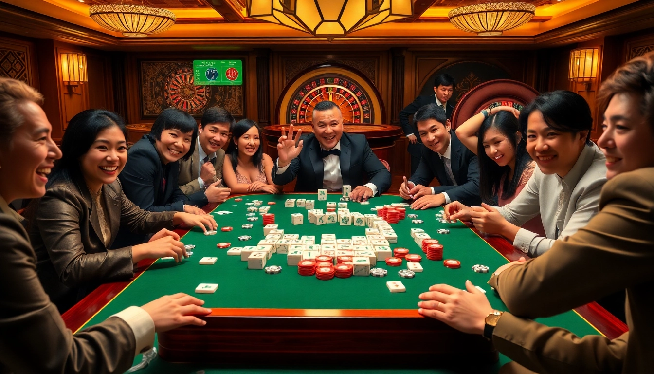A thrilling link mahjong game in a lively casino setting, showcasing players' excitement and strategic engagement.