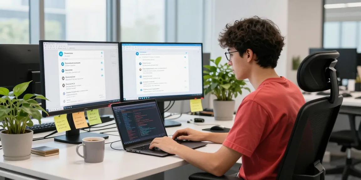 Developer coding Telegram中文 interfaces in a modern workspace, showcasing vibrant tech atmosphere.
