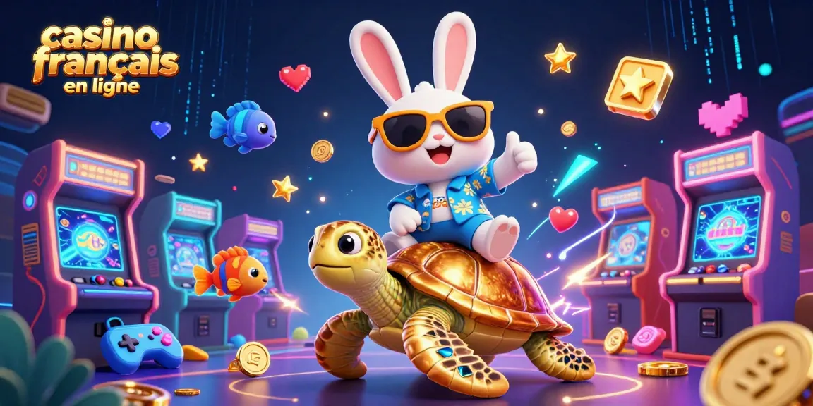 Illustration de casino français en ligne avec un lapin chanceux et une tortue dorée, ambiance festive.