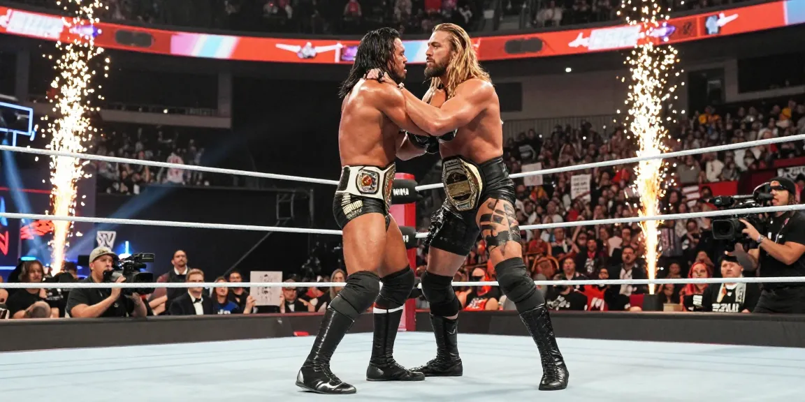 Roman Reigns' title reign moment in a championship match, showcasing a dynamic wrestling scene with fans and excitement.