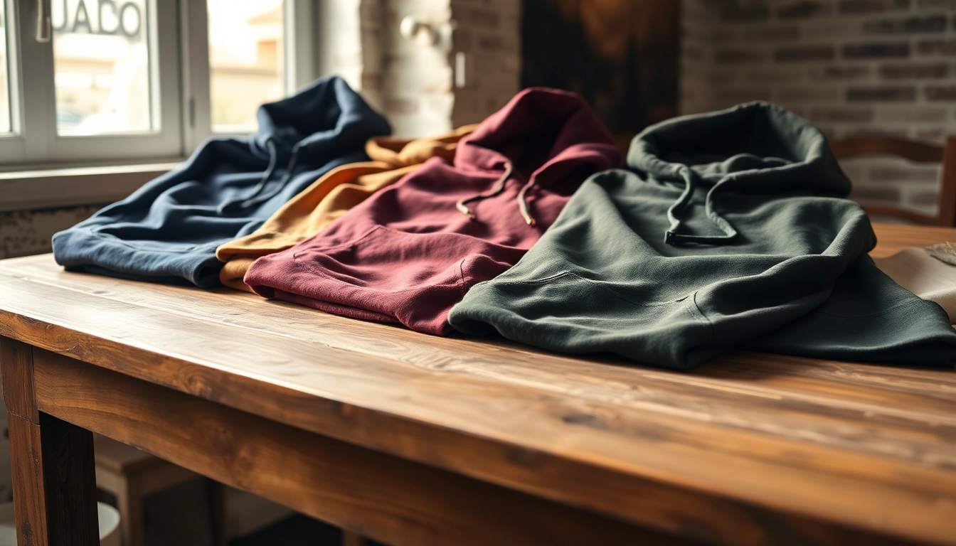 Display of high quality blank hoodies in varied colors on a rustic table.