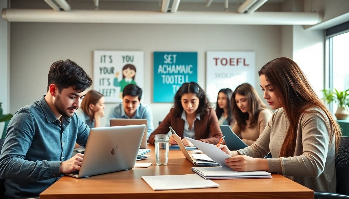 Engaged TOEFL test takers for hire collaborating in a vibrant study setting.