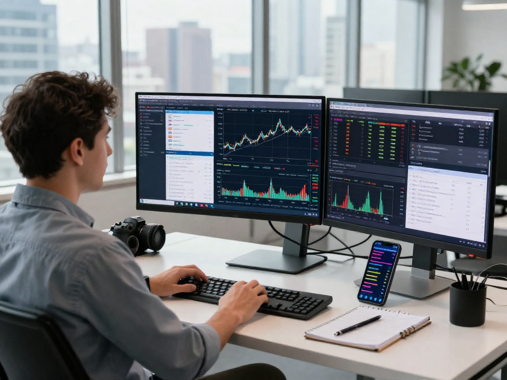 MetaTrader 5 交易平台界面展示，交易者在现代办公环境中专注交易，展现多重金融图表与市场深度。