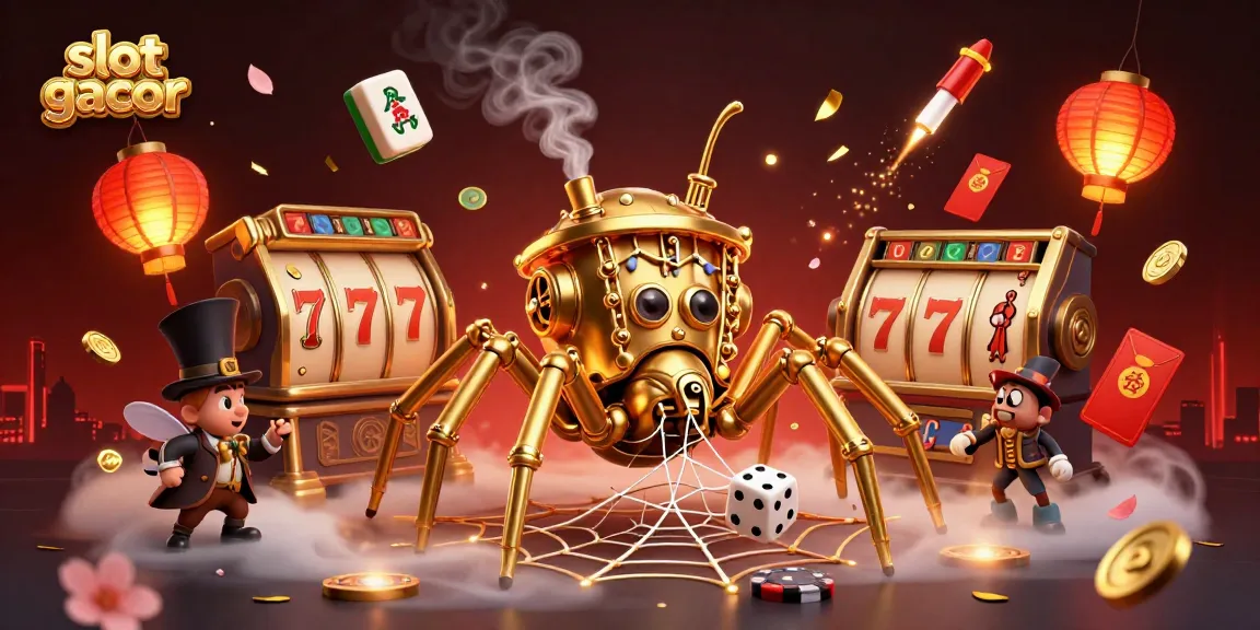 Menghadirkan pengalaman slot gacor, gambar ilustrasi dengan laba-laba steampunk menangkap dadu sial di webnya.