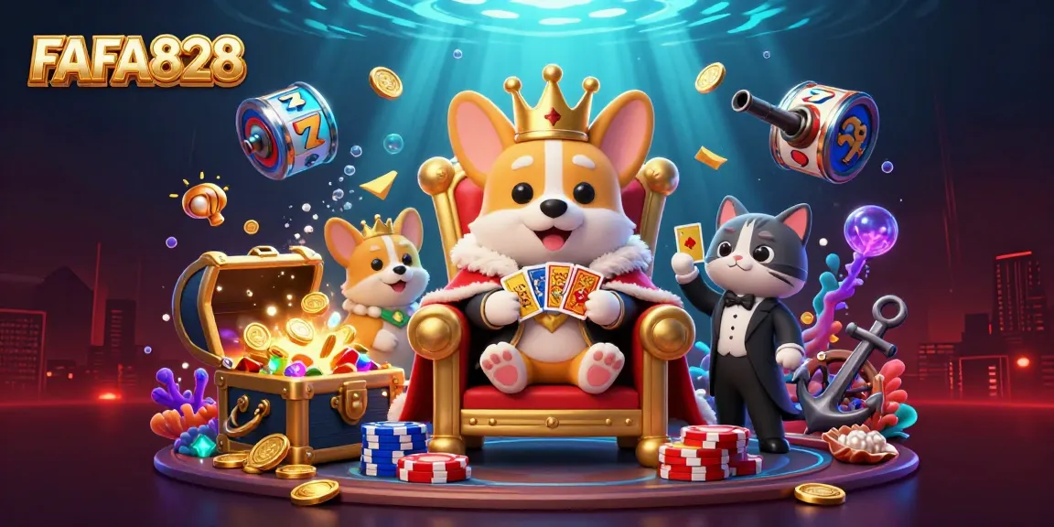 Engage with exciting gameplay at FAFA828, featuring a royal corgi and vibrant casino elements.