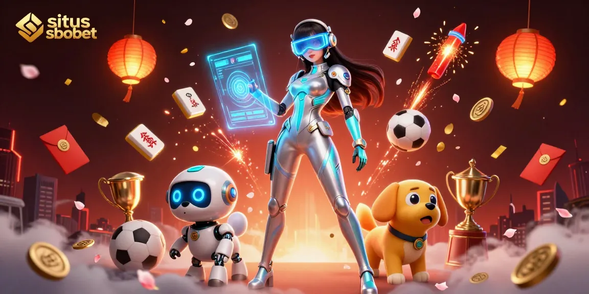 Bet on situs sbobet with a stunning futuristic woman and a robotic dog, surrounded by vibrant casino elements.