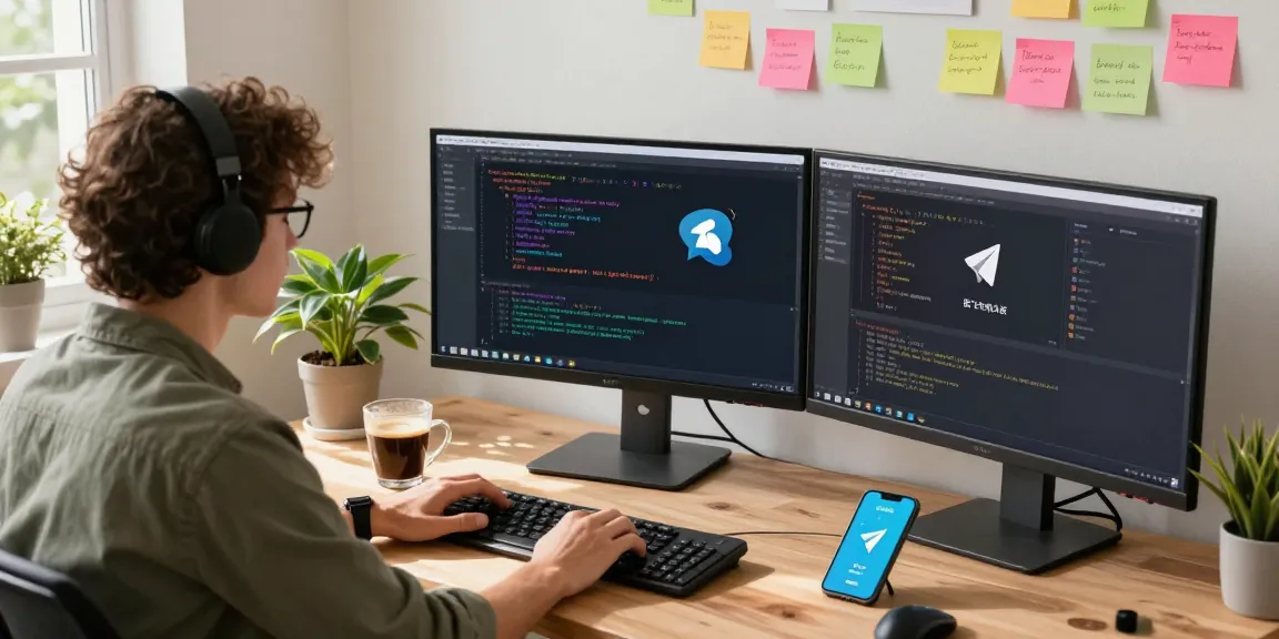 Creative workspace showcasing a developer using 纸飞机中文版 app with coding monitors and coffee.