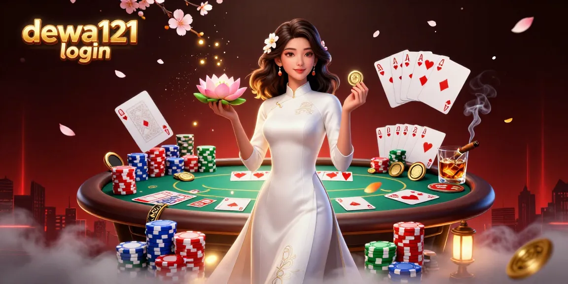 Suasana login Dewa121 yang menampilkan seorang wanita Asia yang elegan di tengah elemen poker yang dinamis, menunjukkan permainan menang dan kegembiraan.
