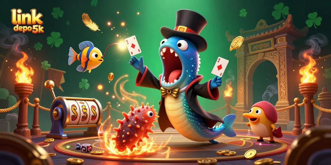 Engage in the thrill of link depo 5k as illuminated characters perform magic tricks amidst slot reels and vibrant casino elements.